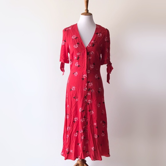 h&m red floral midi dress